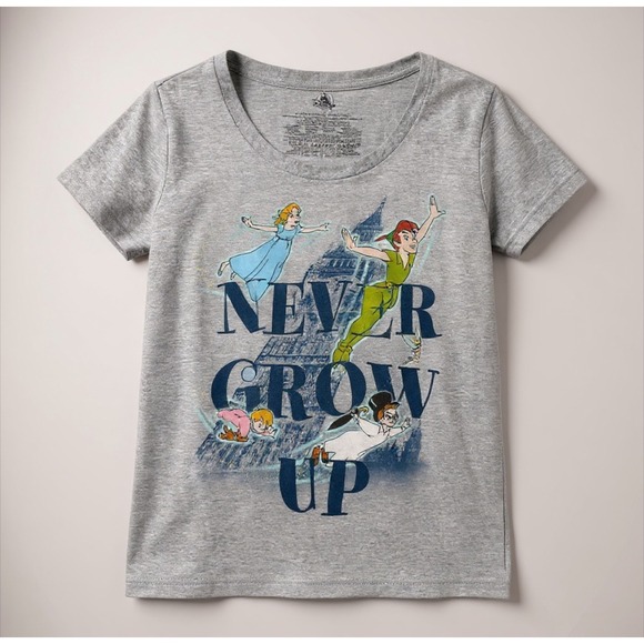 Disney Store Womens Peter Pan Never Grow Up Gray T Shirt Size L Graphic Tee - Picture 1 of 10